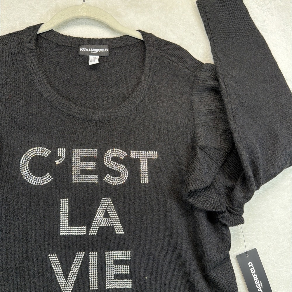 Karl Lagerfeld Paris C'est La Vie Embellished Ruffle Knit Top Black XL NWT - Picture 2 of 9